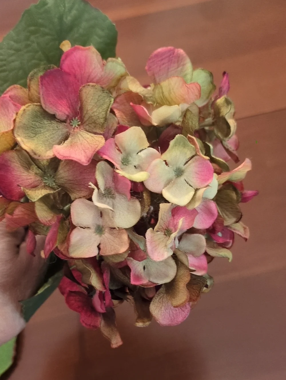 Faux Silk Hydrangeas & Chrysanthemum Bunch Salmon Pink Cream Green Antique Look